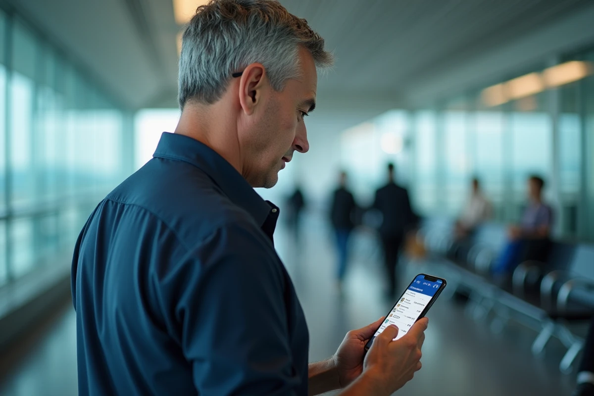 Homme vérifiant ses anciennes réservations Booking depuis son smartphone dans un aéroport