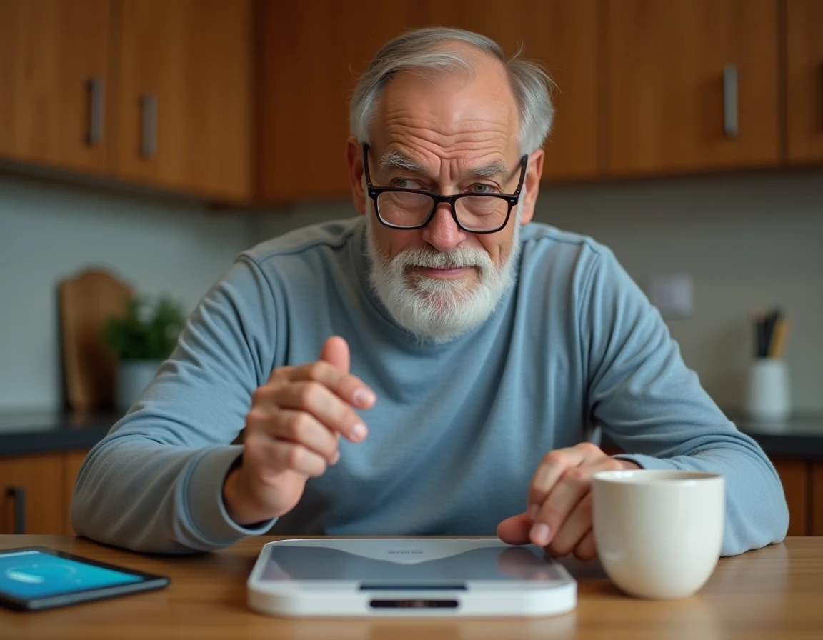 Homme senior examinant une balance connectée avec application de suivi de masse musculaire dans une cuisine