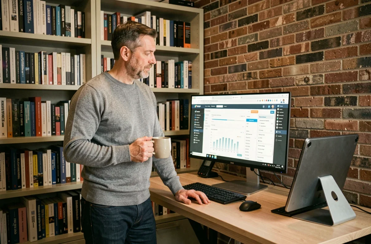 Un homme travaille sur une stratégie de soumission de sites web depuis son bureau à domicile avec plusieurs écrans affichant des outils SEO