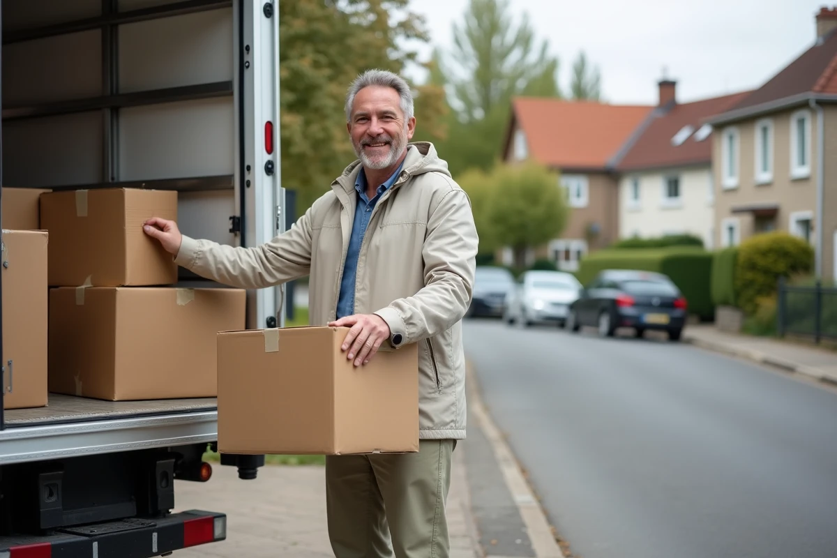 Homme en windbreaker déposant des cartons dans un camion à Nantes
