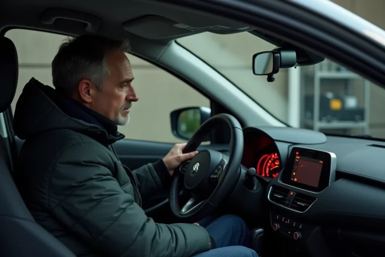 Homme regardant les voyants du tableau de bord de sa voiture