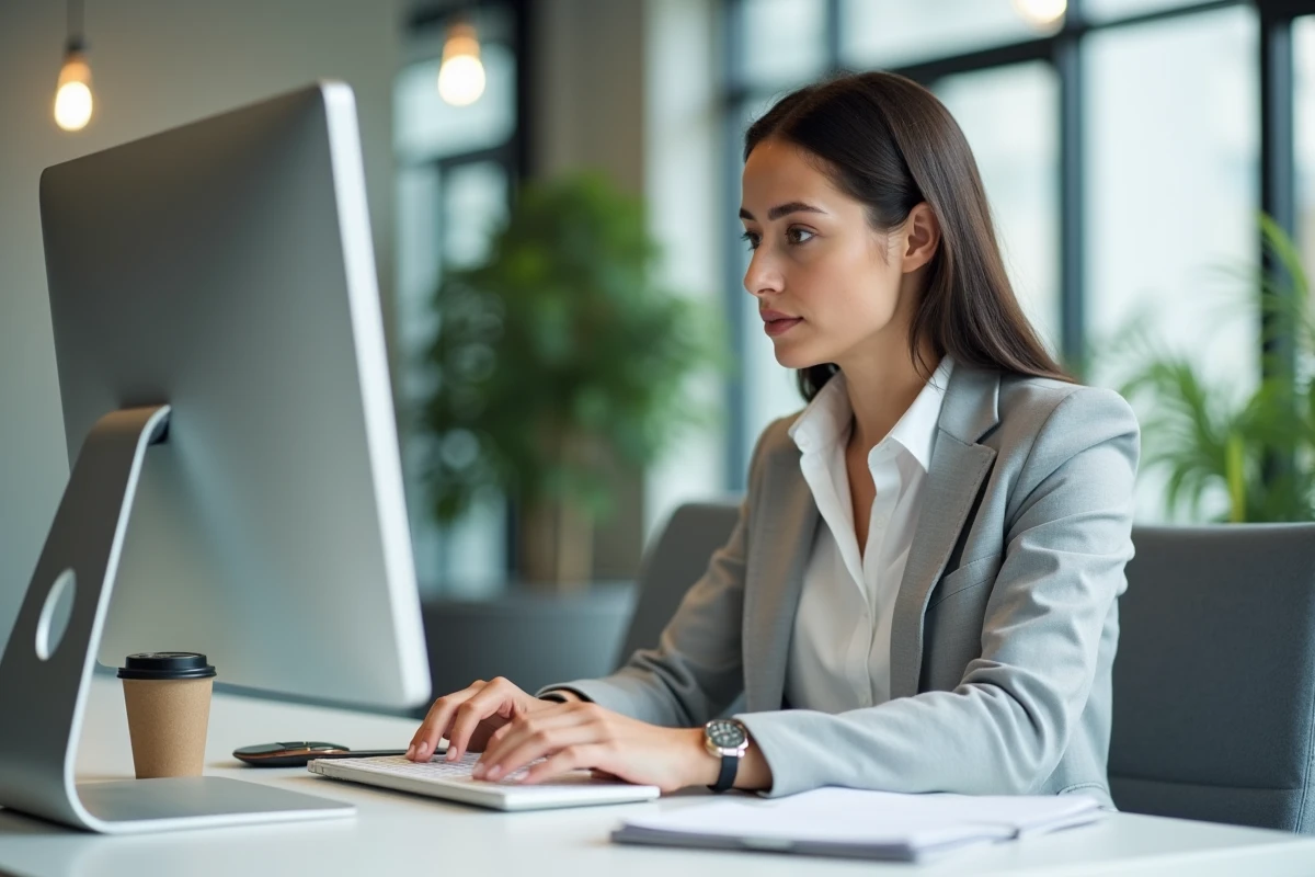 Jeune femme utilisant un ordinateur dans un environnement professionnel