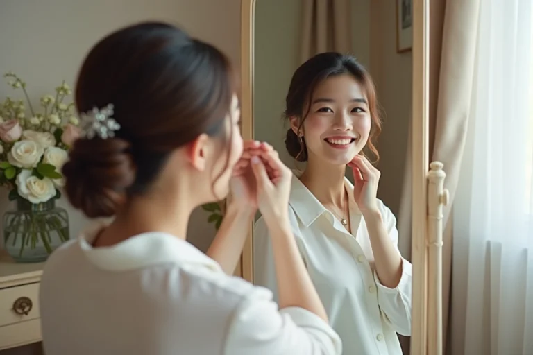 Jeune femme souriante ajustant une épingle à cheveux lors de ses préparatifs de mariage