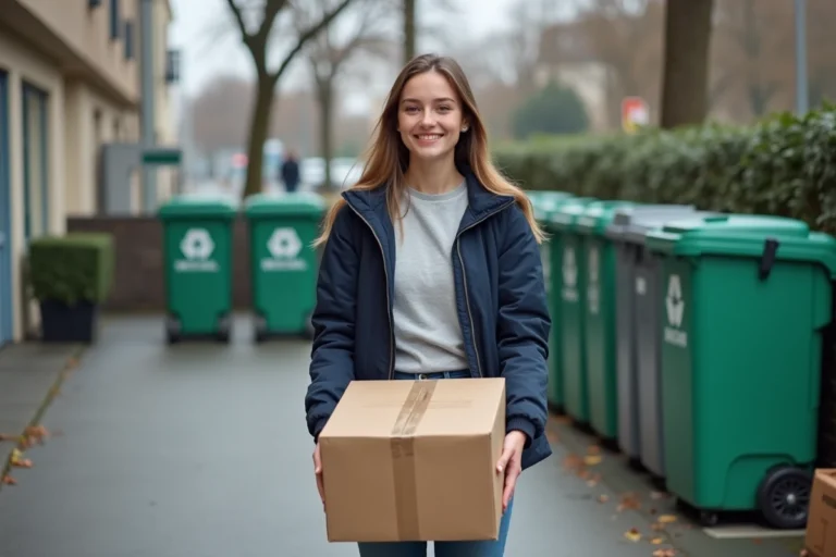 Jeune femme en jeans et veste lifting une box à Nantes