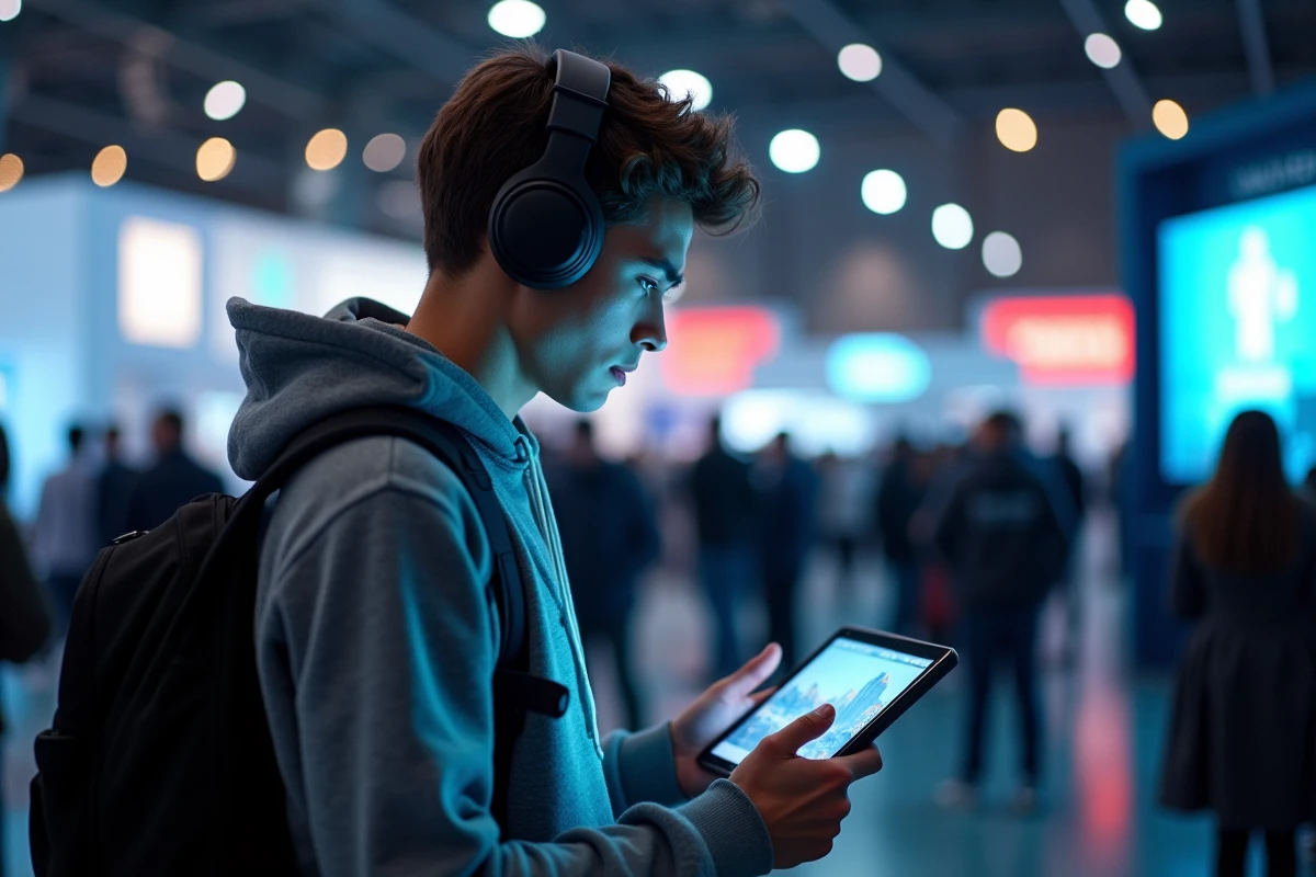 Jeune homme avec casque explorant gadgets à une expo technologique