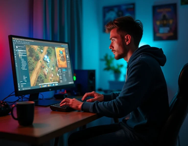 Joueur concentré sur un ordinateur avec l'interface du jeu Dofus Retro affichant des compétences de mineur