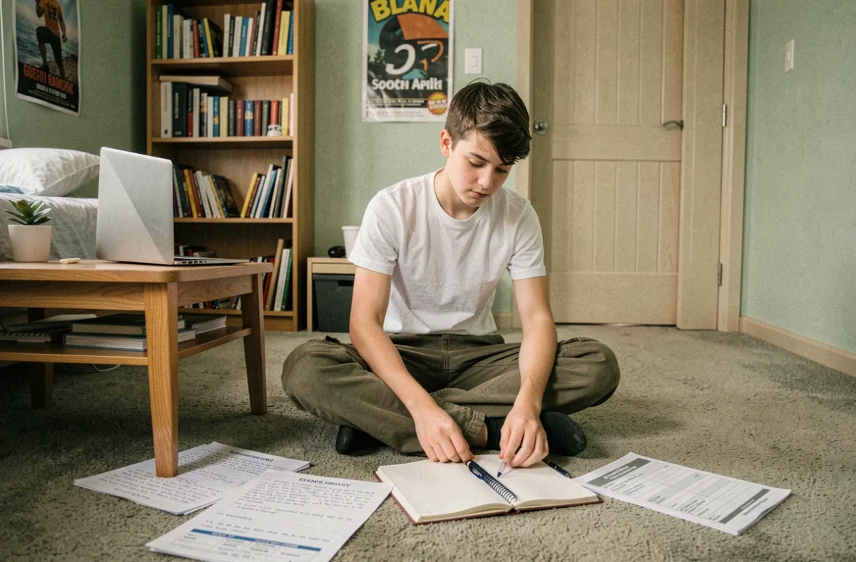 Lycéen travaillant seul sur le sol de sa chambre avec des notes imprimées et un ordinateur pour maîtriser Cyclades avant le bac