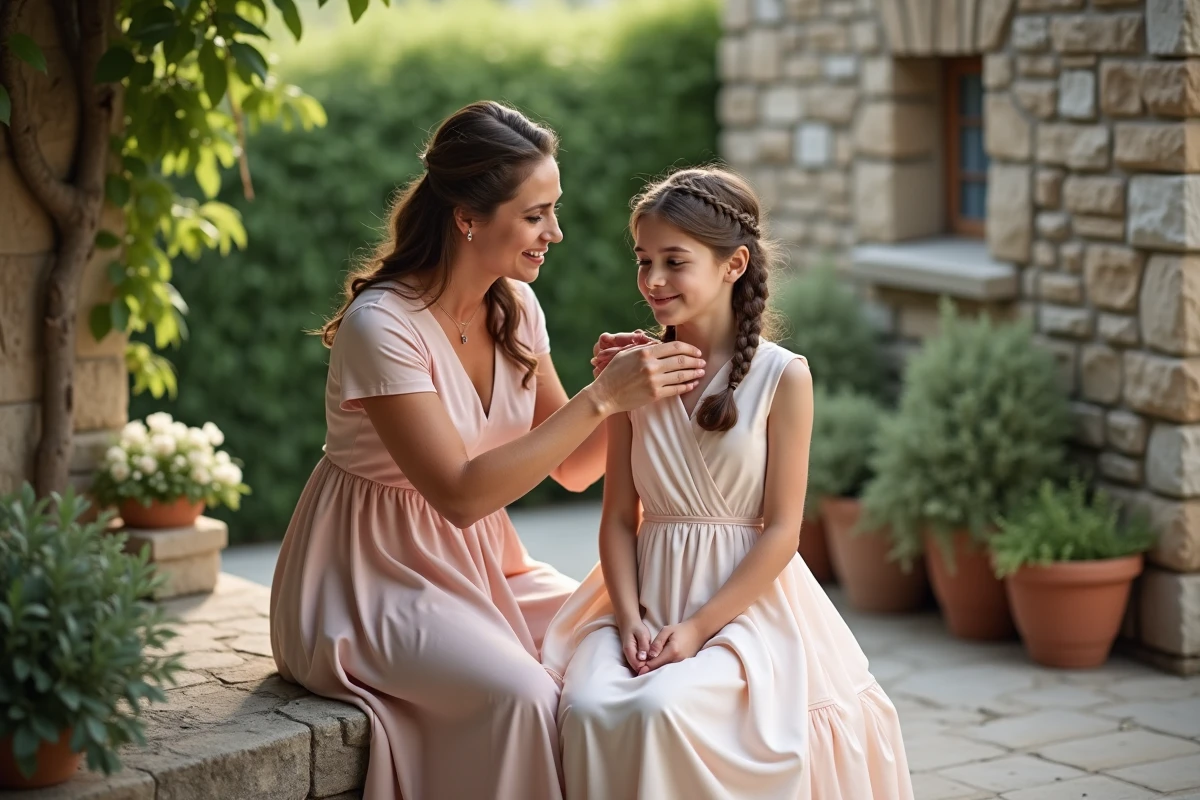 Mère et fille en plein échange de coiffure dans un jardin lors d