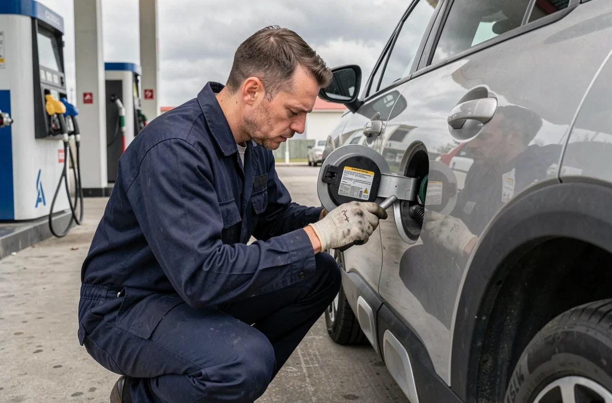 Mécanicien inspectant le bouchon de carburant d'un Citroën C3 Aircross à une station-service pour vérifier la compatibilité bioéthanol E85
