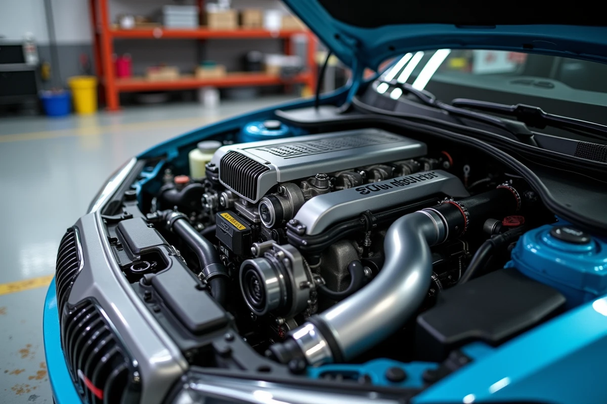 Gros plan sur un moteur turbo avec module ECU visible dans un atelier de préparation automobile pour reprogrammation stage 1