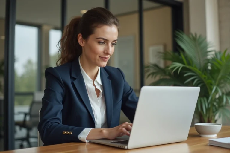 Femme professionnelle naviguant sur le plan du site d'une agence immobilière sur son ordinateur portable dans un bureau moderne