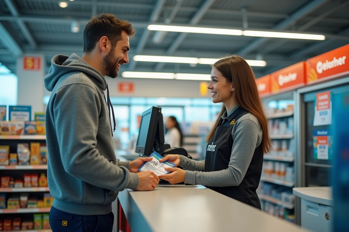 Client remettant des chèques vacances papier à une caissière dans une boutique de station-service