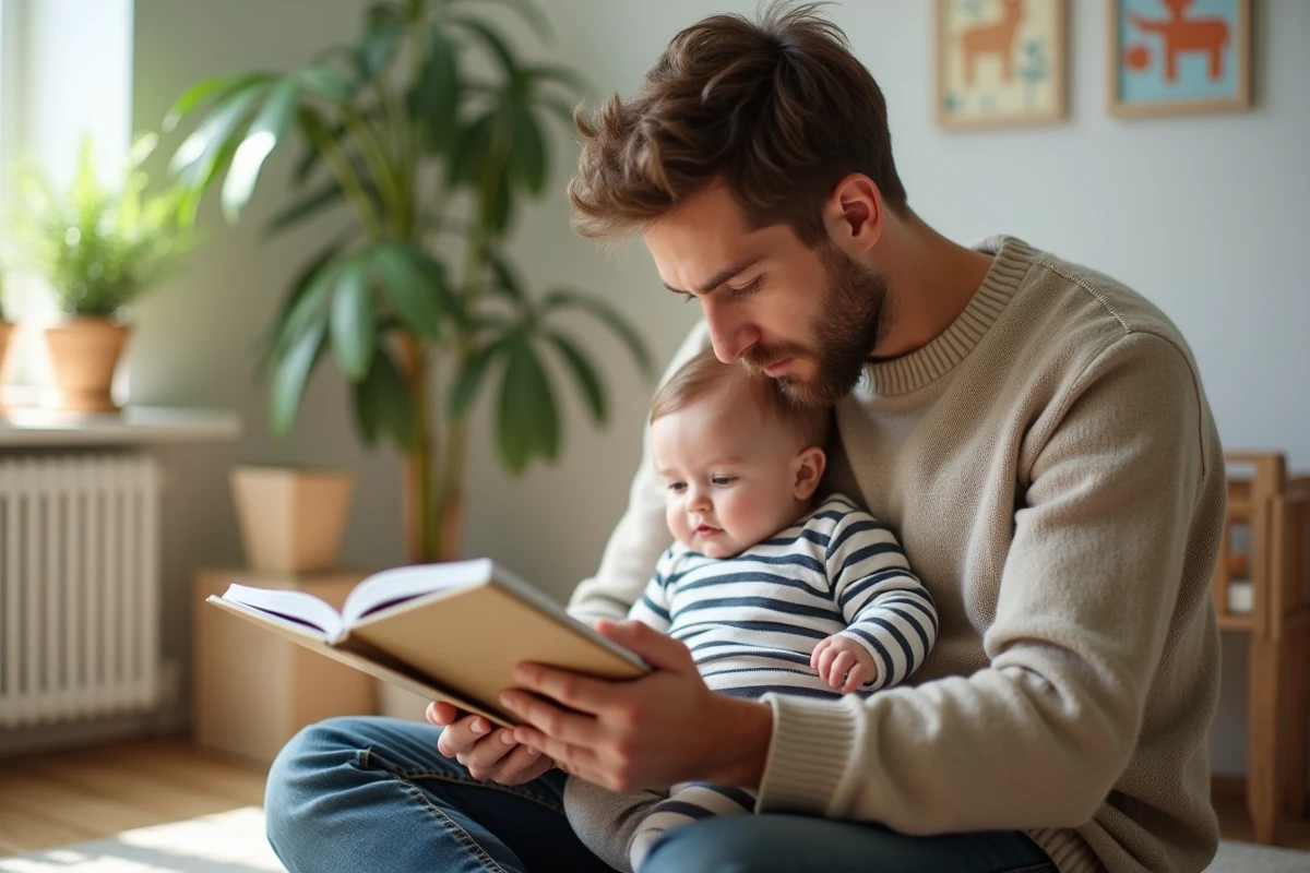 Père et bébé lisant un livre dans une nurserie lumineuse