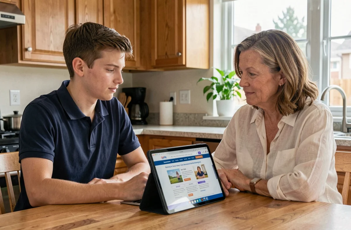 Mère aidant son fils adolescent à utiliser Cyclades sur une tablette pour s'inscrire au baccalauréat