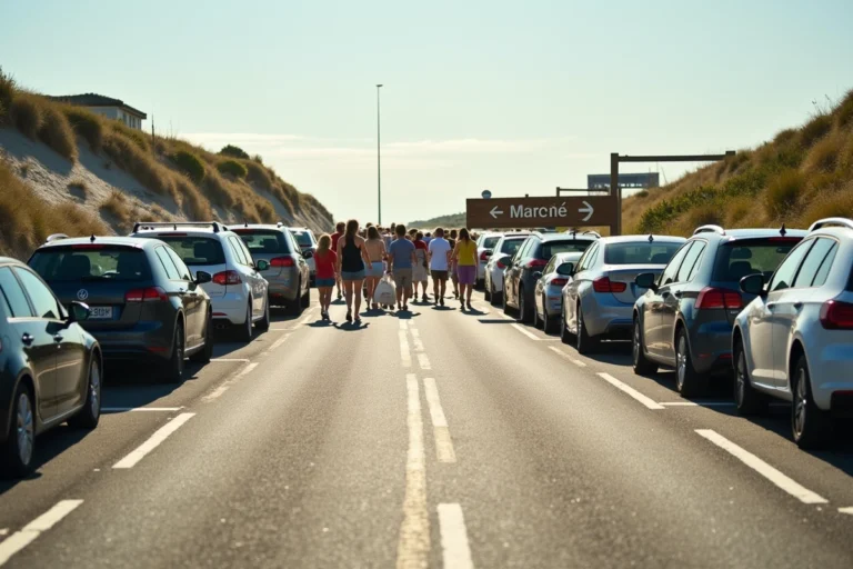 Parking extérieur près du marché de Fort-Mahon avec panneaux de signalisation et véhicules garés en bord de dune