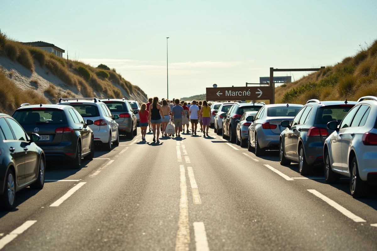 Parking extérieur près du marché de Fort-Mahon avec panneaux de signalisation et véhicules garés en bord de dune