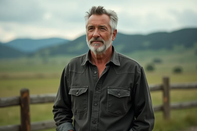 Portrait en plein air d'un homme aux cheveux argentés sur un ranch dans le Montana, illustrant le mode de vie de Paul Qualley
