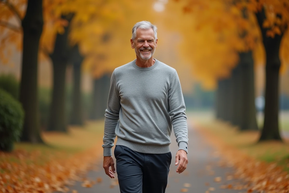 Homme mature marchant dans un parc en automne parmi les feuilles dorées, photo candide évoquant le parcours de vie de Paul Qualley