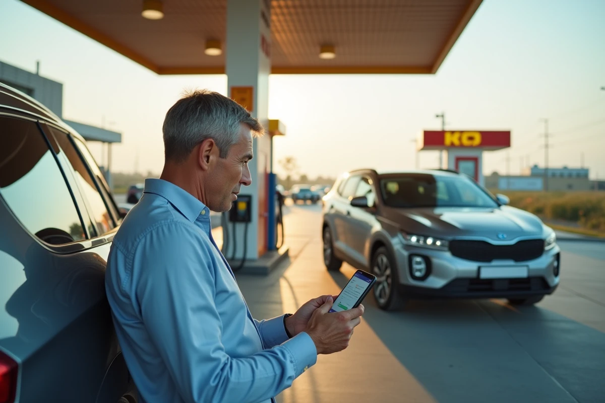 Homme faisant le plein sur une aire d'autoroute en utilisant une application chèques vacances sur smartphone