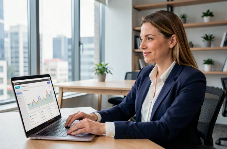 Une professionnelle analyse des statistiques de visibilité de site web sur un tableau de bord numérique dans un bureau moderne
