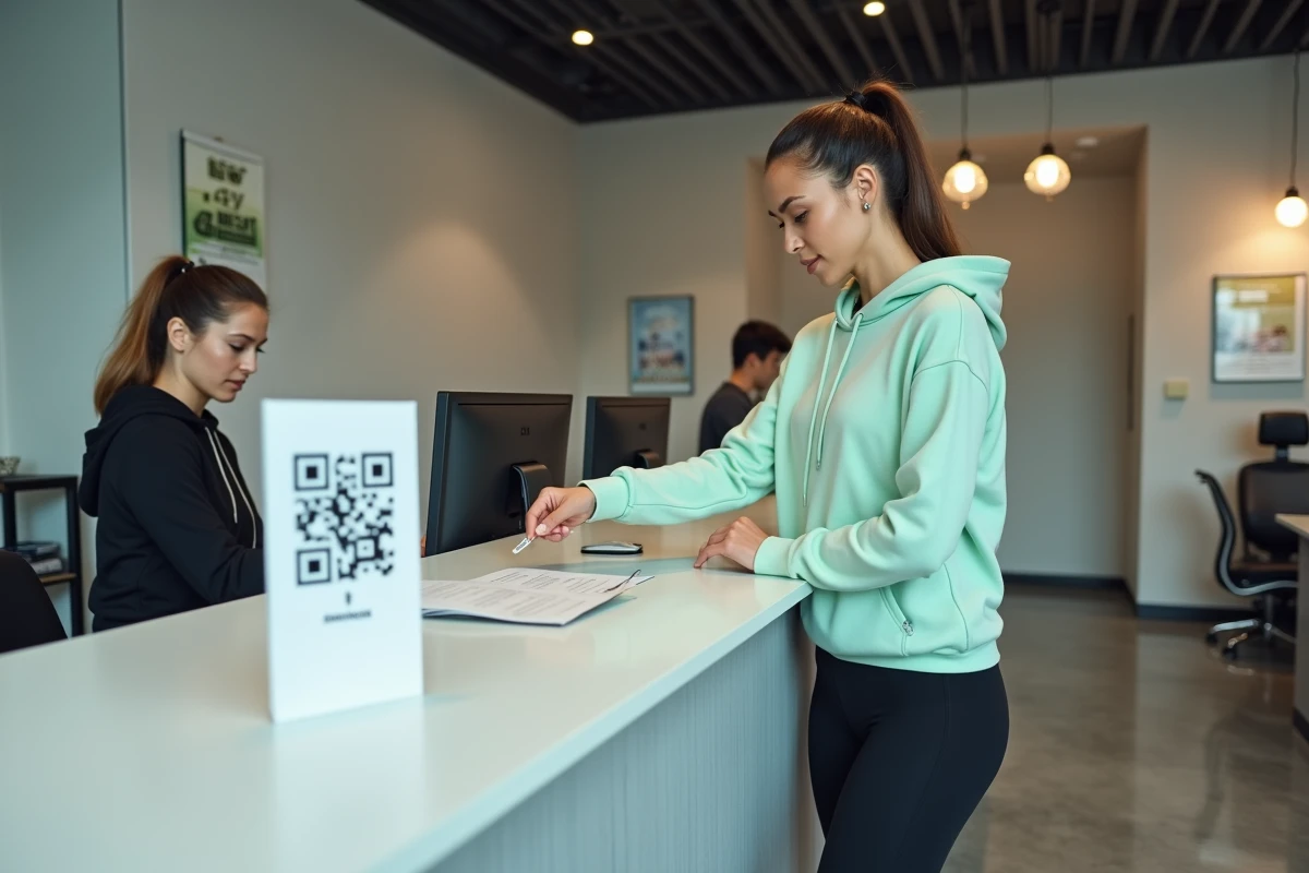Femme en tenue de sport examinant un QR code Basic Fit imprimé sur une carte à l'accueil d'une salle de fitness