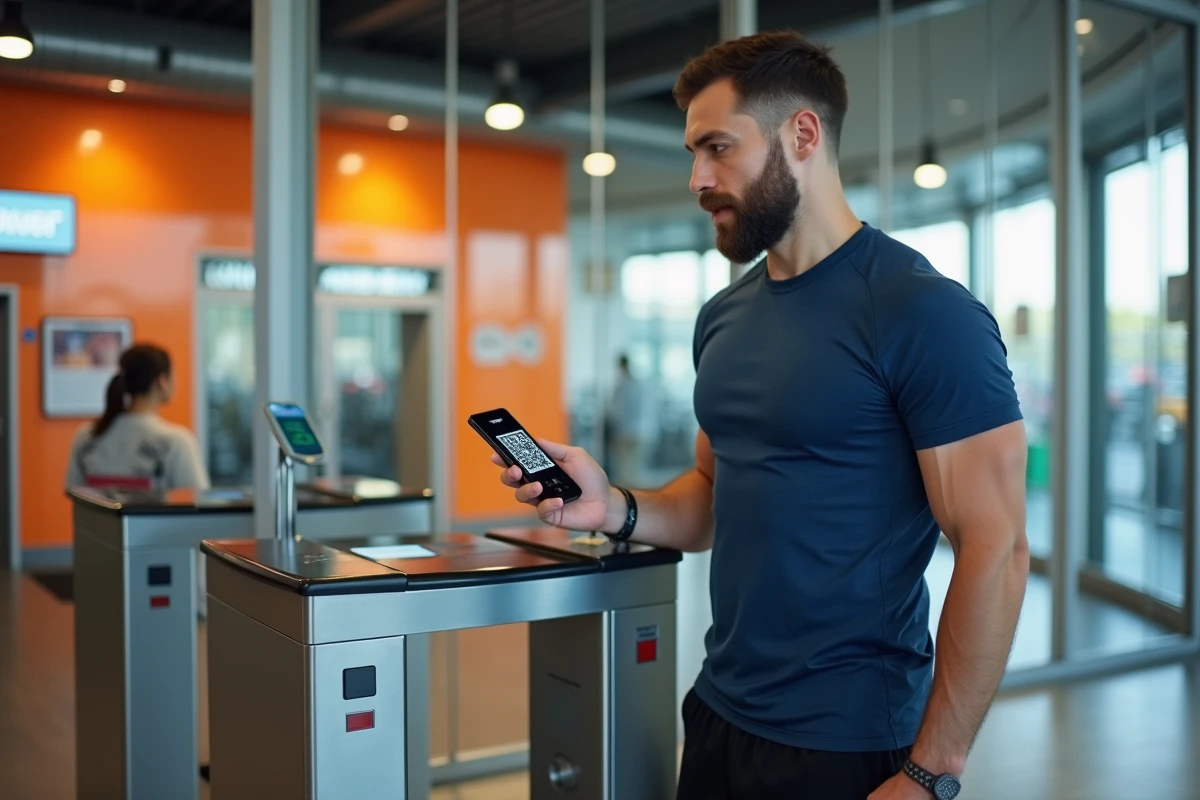 Homme en tenue de sport tenant un smartphone avec QR code devant le portique d'entrée d'une salle Basic Fit