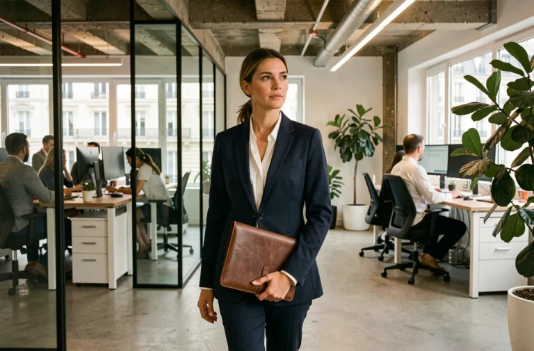 Femme professionnelle traversant un bureau moderne à Paris, illustrant le recrutement actif dans le secteur tertiaire parisien