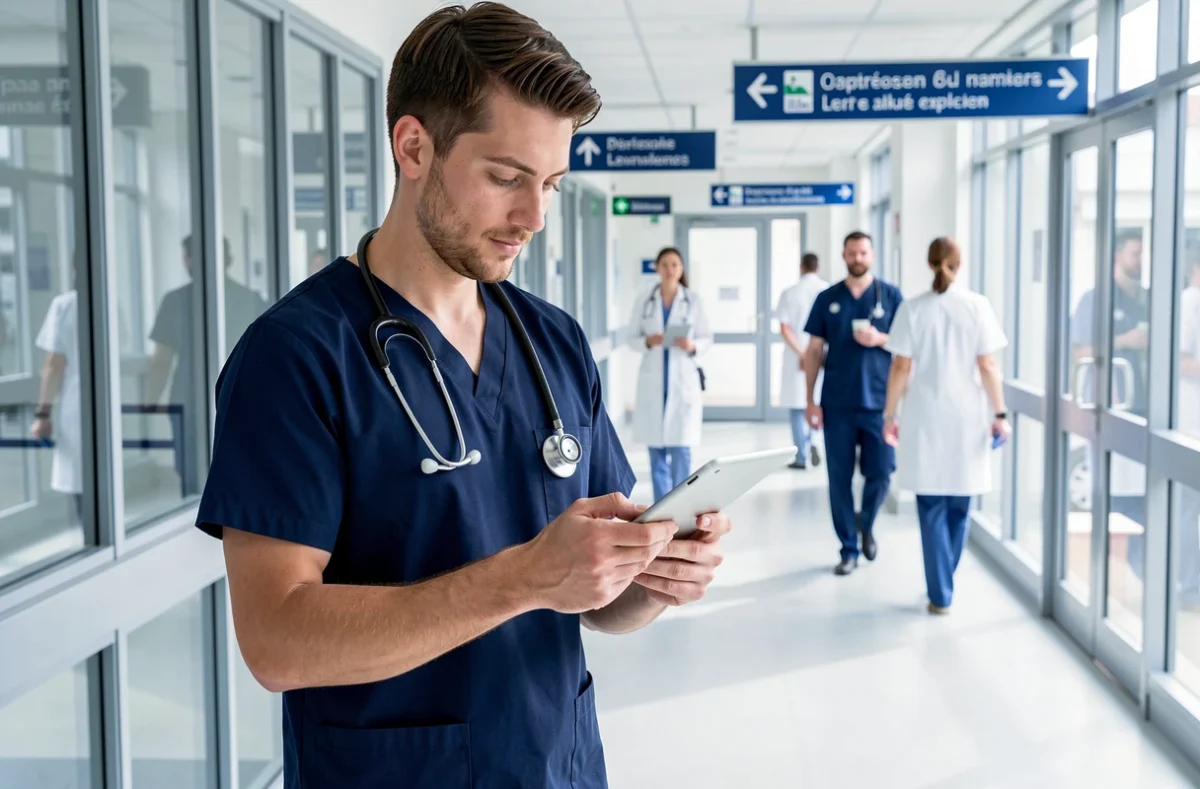 Infirmier consultant une tablette numérique dans un couloir d'hôpital parisien, symbolisant le recrutement massif dans le secteur de la santé à Paris