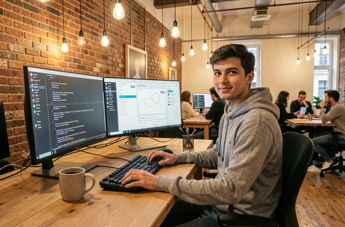 Développeur informatique travaillant dans un espace de coworking parisien branché, illustrant le fort recrutement dans le secteur tech et numérique à Paris