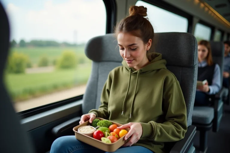 Jeune femme qui déballe un repas équilibré dans un bus Blablabus pendant un voyage