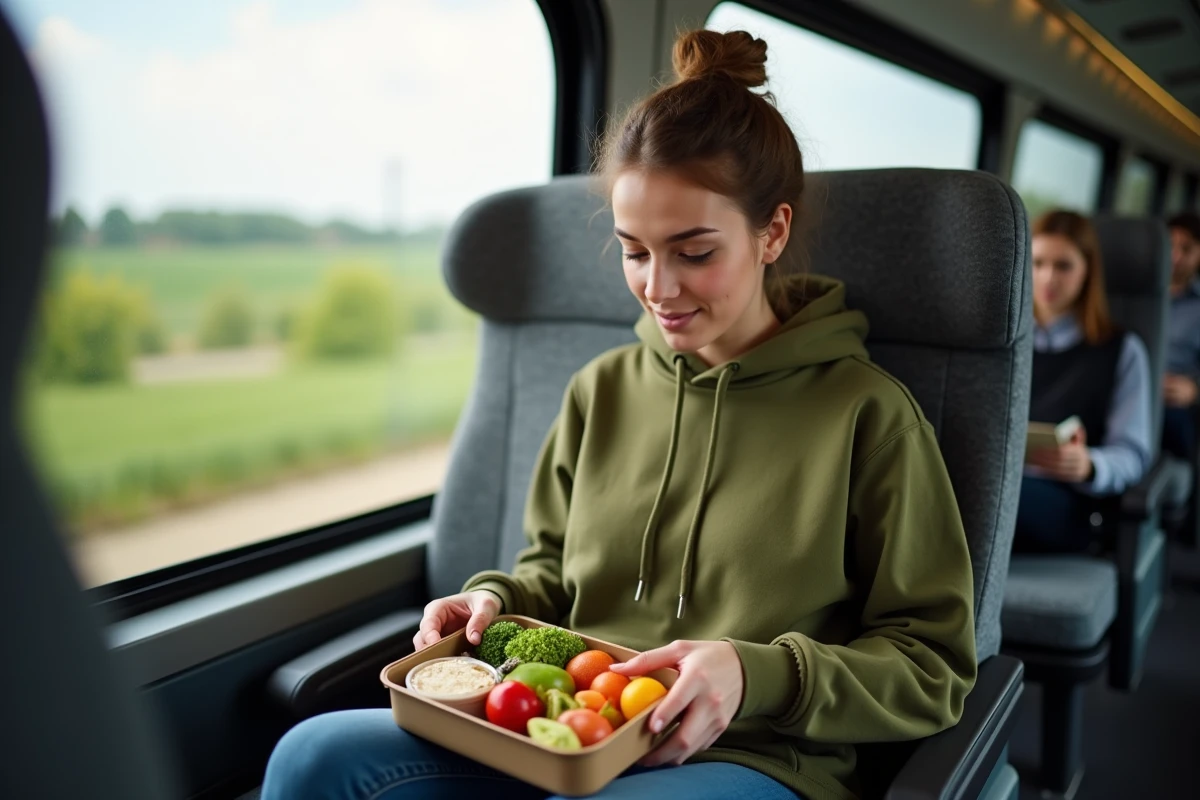 Jeune femme qui déballe un repas équilibré dans un bus Blablabus pendant un voyage