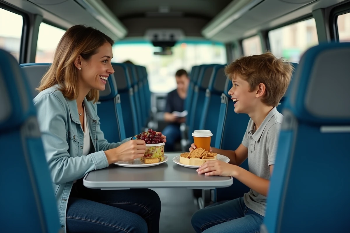 Mère et adolescent partageant un repas organisé dans un bus Blablabus en famille