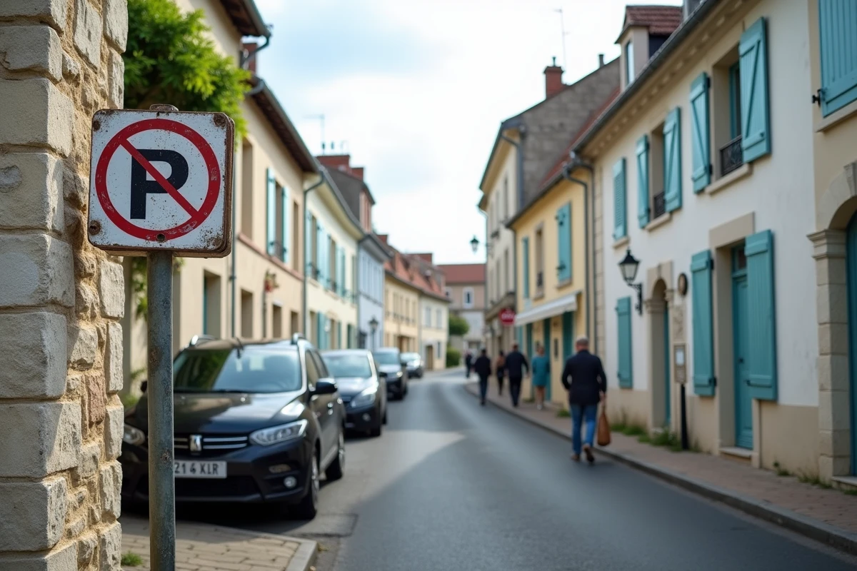 Rue étroite avec voitures garées et panneau de stationnement dans une rue de Fort-Mahon-Plage lors du marché
