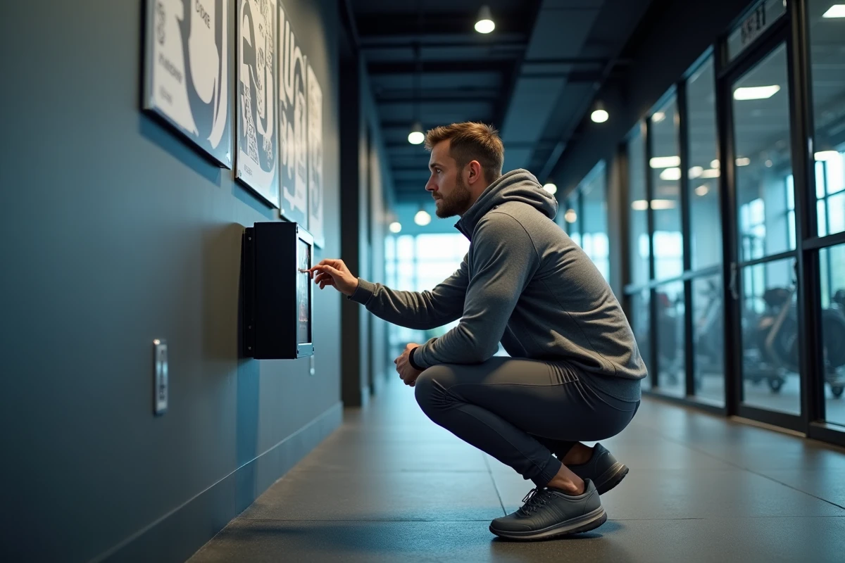 Homme scannant un QR code Basic Fit sur une borne libre-service dans le couloir d'une salle de gym moderne