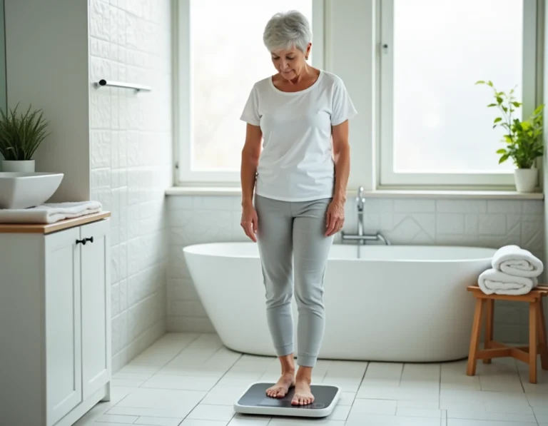 Senior femme aux cheveux argentés debout sur une balance impédancemètre dans une salle de bain moderne