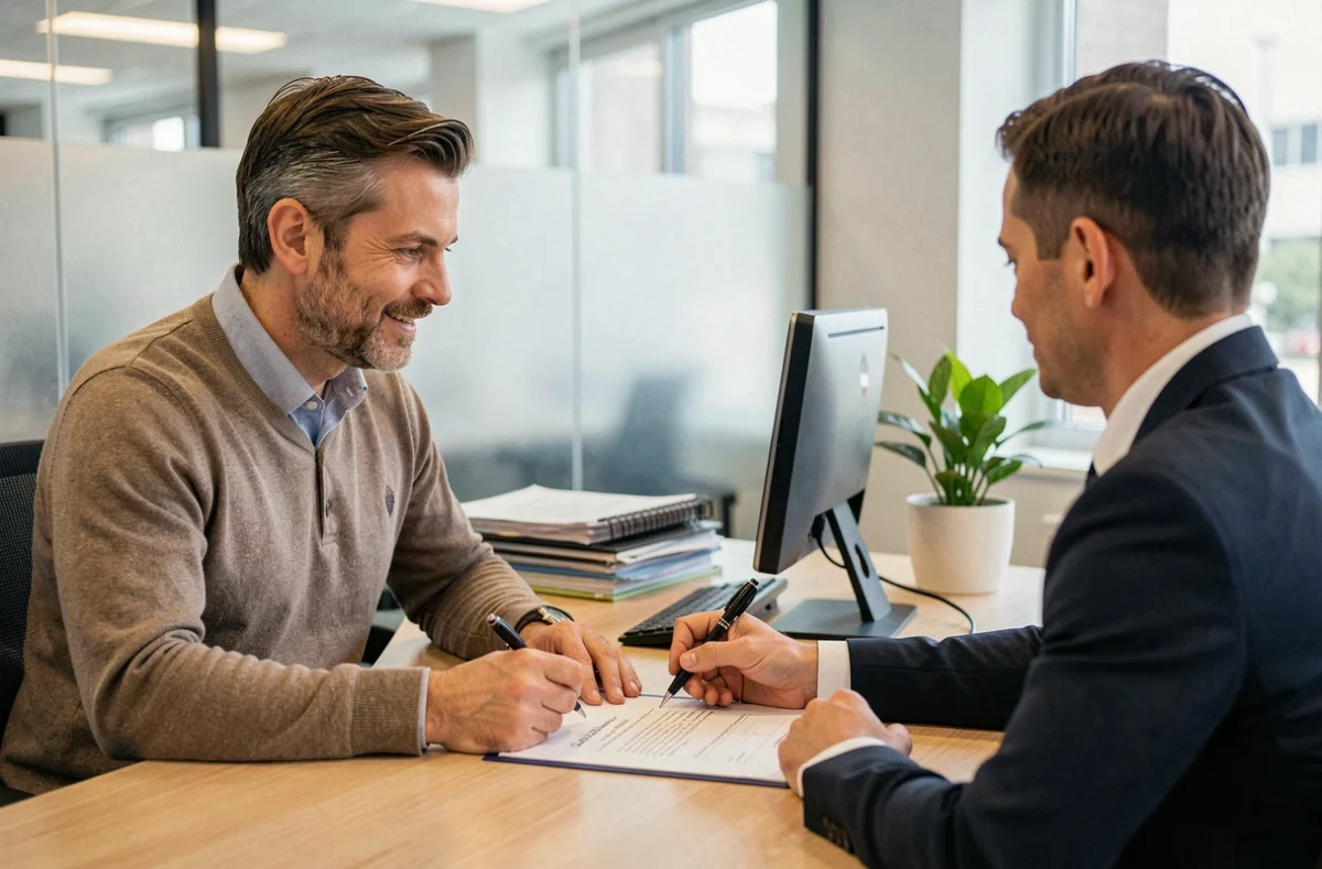 Homme signant un contrat de prêt immobilier avec un conseiller bancaire dans un bureau professionnel