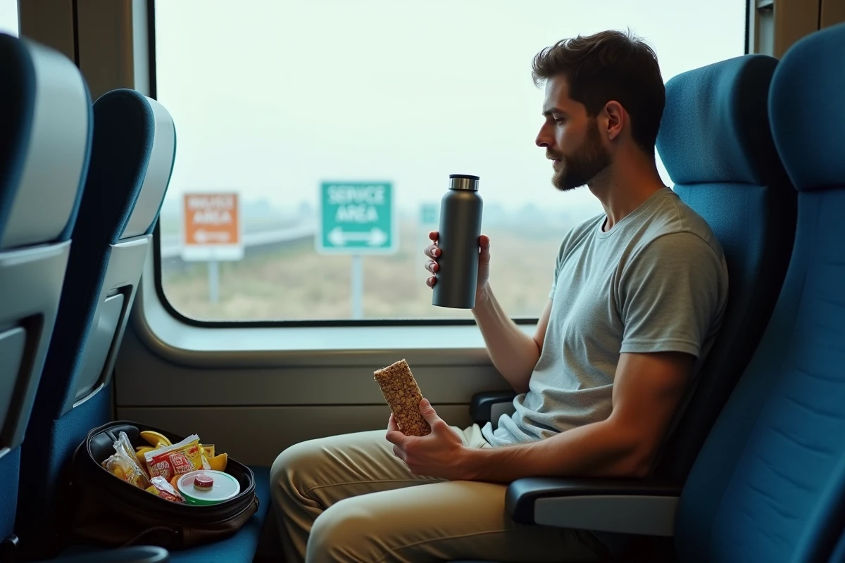 Homme avec des snacks et une bouteille d'eau dans un bus longue distance Blablabus