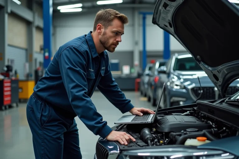 Technicien automobile connectant un ordinateur portable à la prise OBD2 d'un moteur turbo pour une reprogrammation stage 1 en atelier professionnel