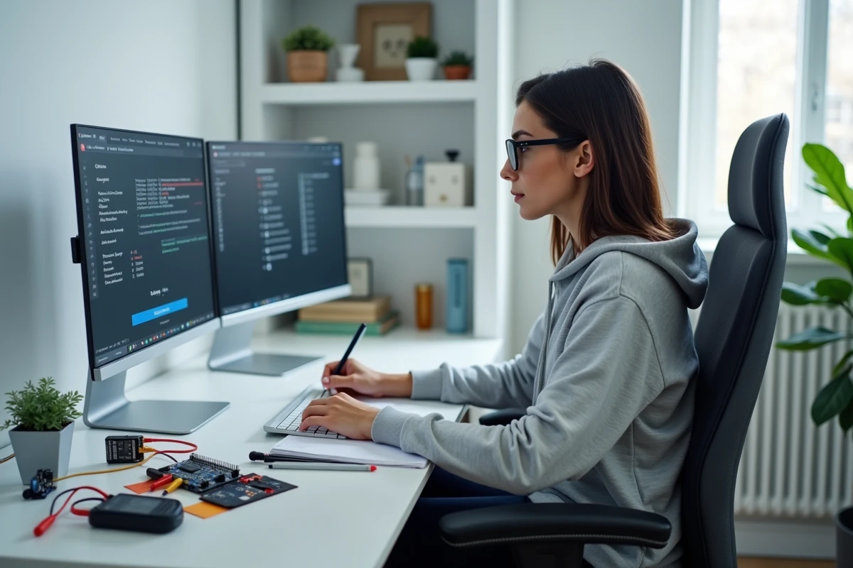 Une jeune femme suit un tutoriel d'électronique en ligne sur un double écran d'ordinateur dans un bureau moderne, avec des composants Arduino posés sur le bureau
